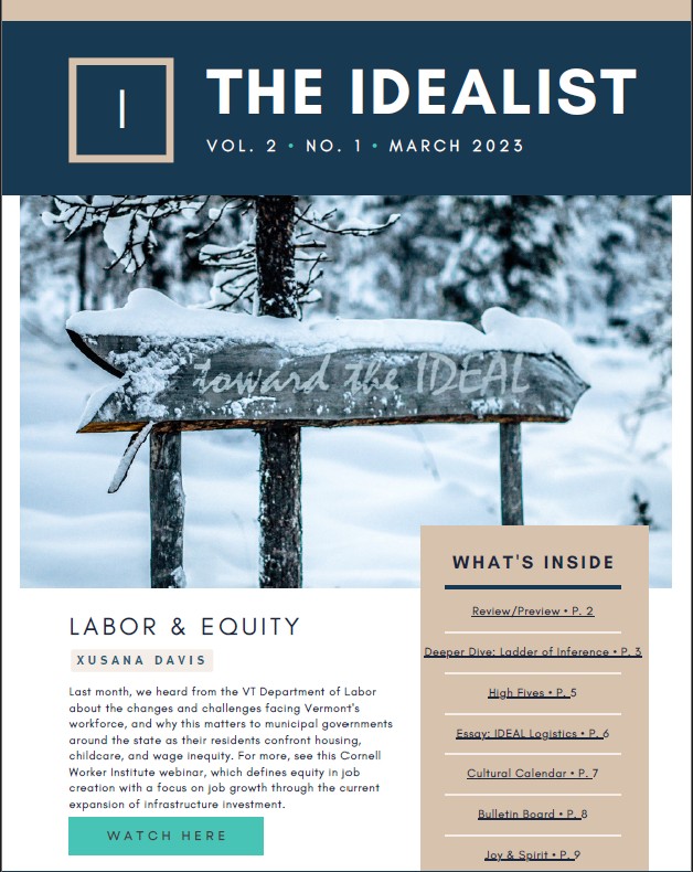 First page of The IDEALIST Volume 2, Number 1, March 2023
Title in white text on navy blue background at the top with an image of a snow-covered wooden sign below. Sign reads "Toward the IDEAL".